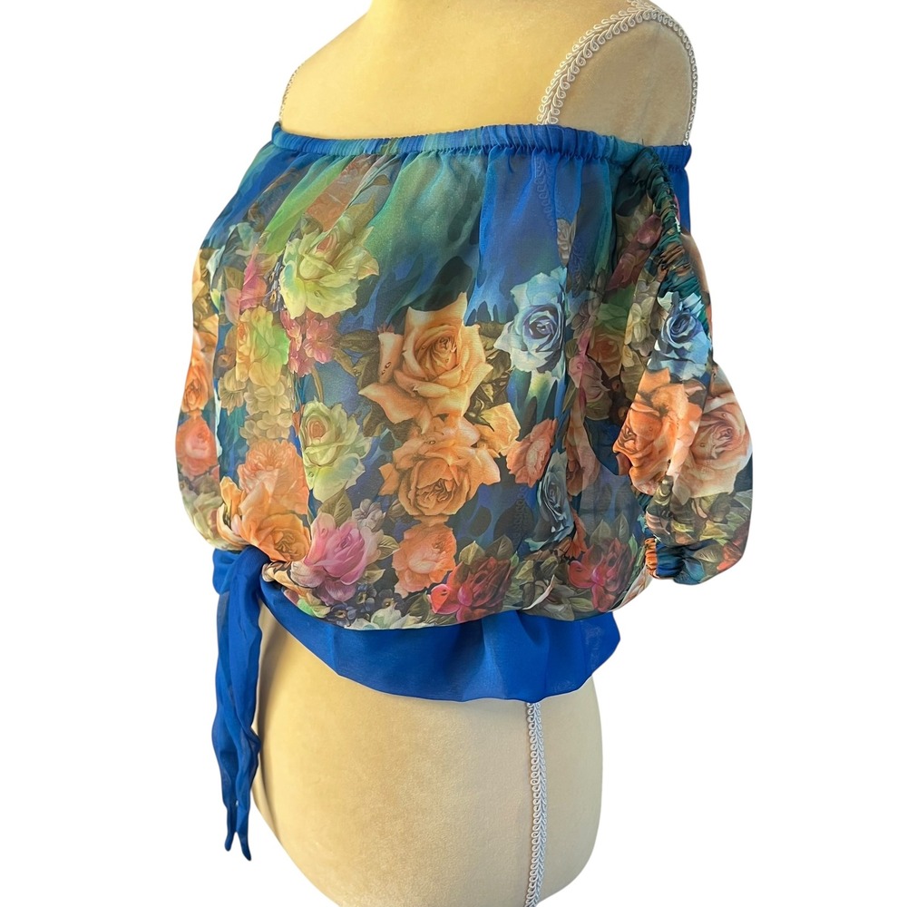 Floral Chiffon Off Shoulder Crop Top Tie Front Blouse Summer Boho Women's XS - Picture 15 of 16